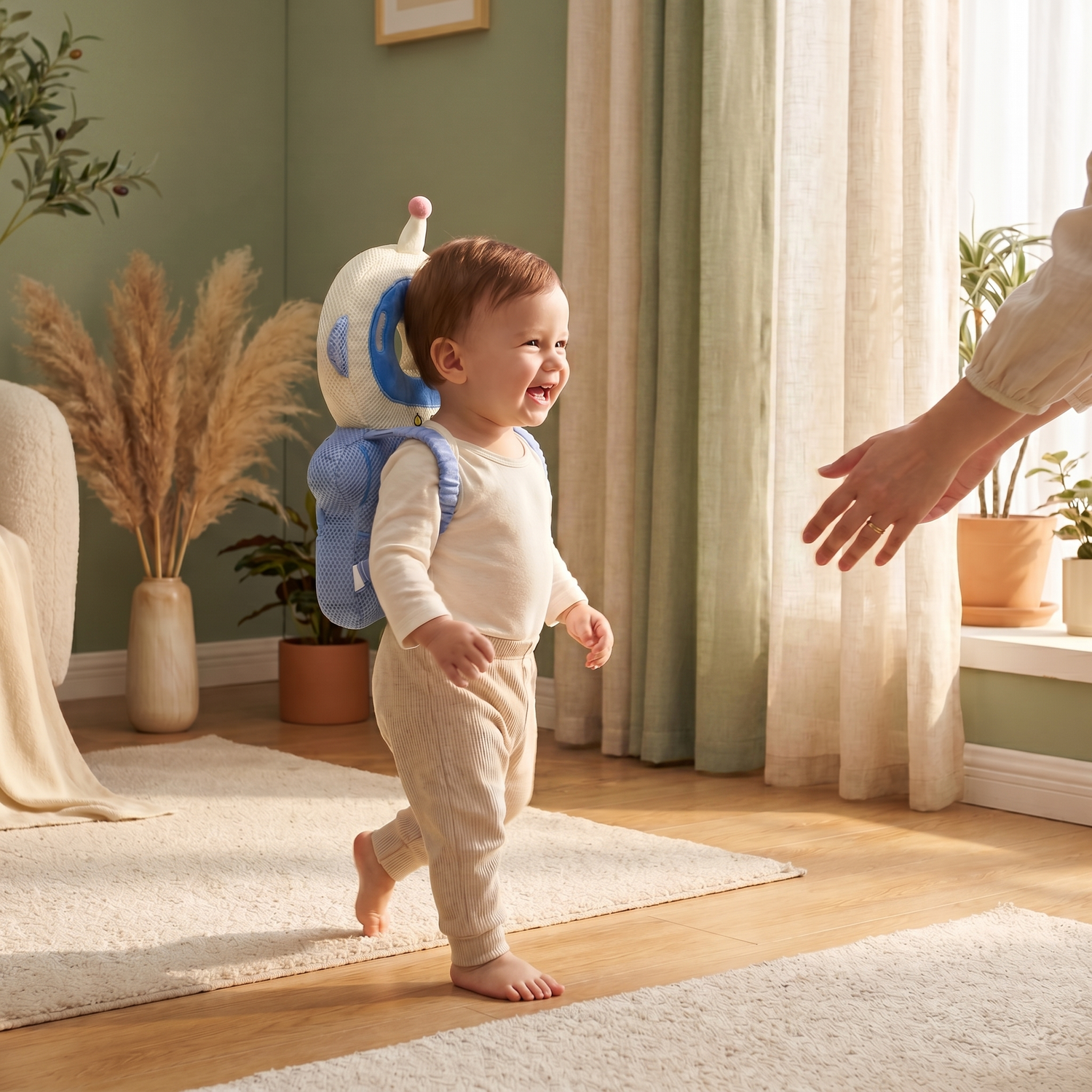 Coconia - Bébé portant le coussin protecteur lors de ses premiers pas (Why section homepage)