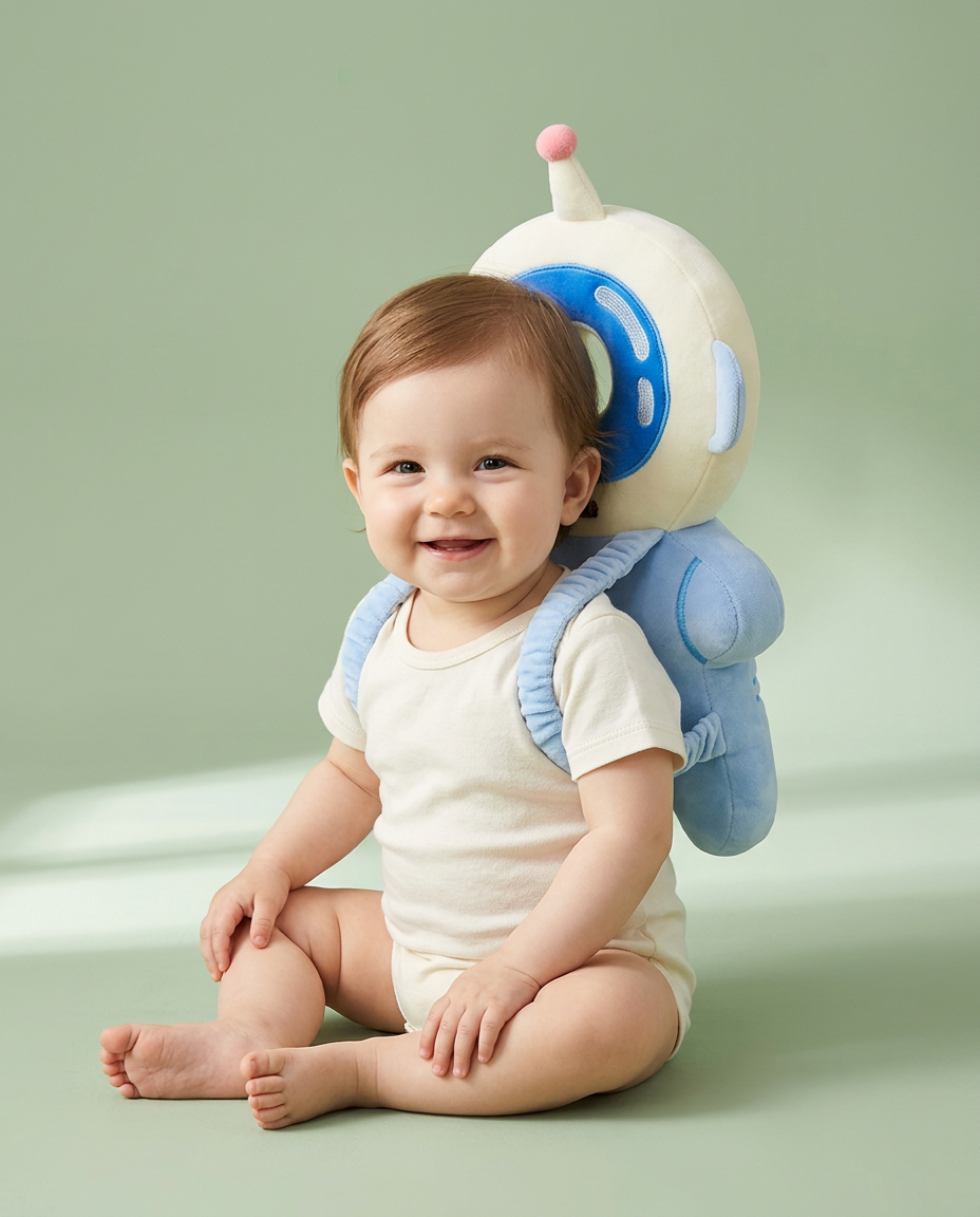 Bébé souriant portant le coussin Coconia Astronaute Cosmo - vue de face 3/4, casque crème et corps bleu plush